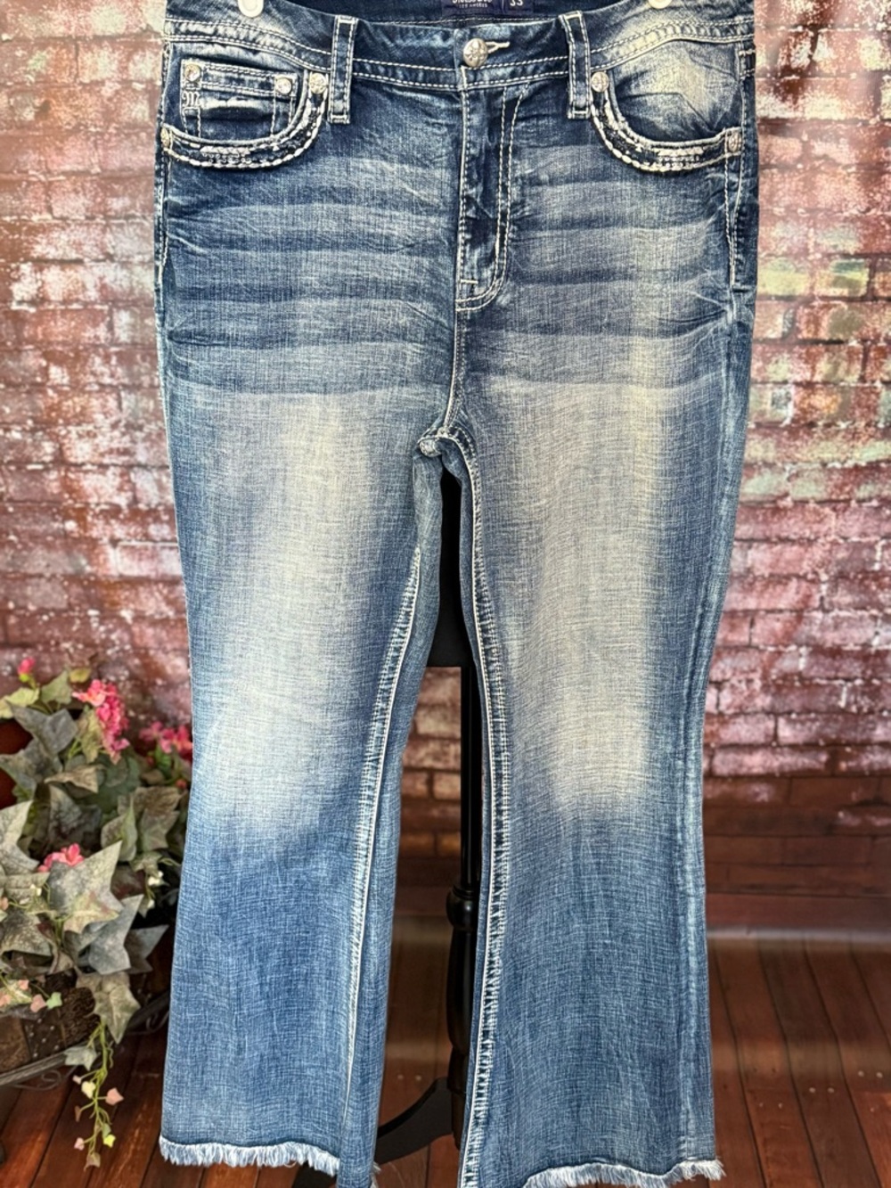 Miss Me Blue Washed Flare Jeans with Frayed Hem